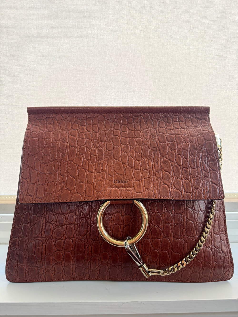 Authentic Chloé Large Faye Brown Croc Embossed Leather Shoulder Bag